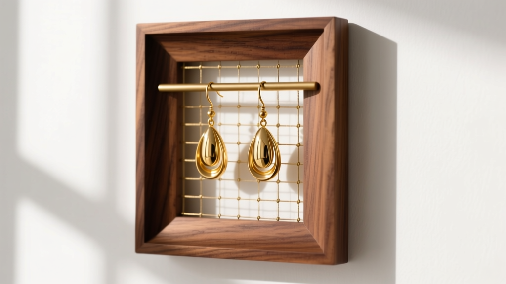 Walnut photo frame earring holder mounted on a white wall, displaying heavy gold drop earrings on a taut brass wire mesh screen