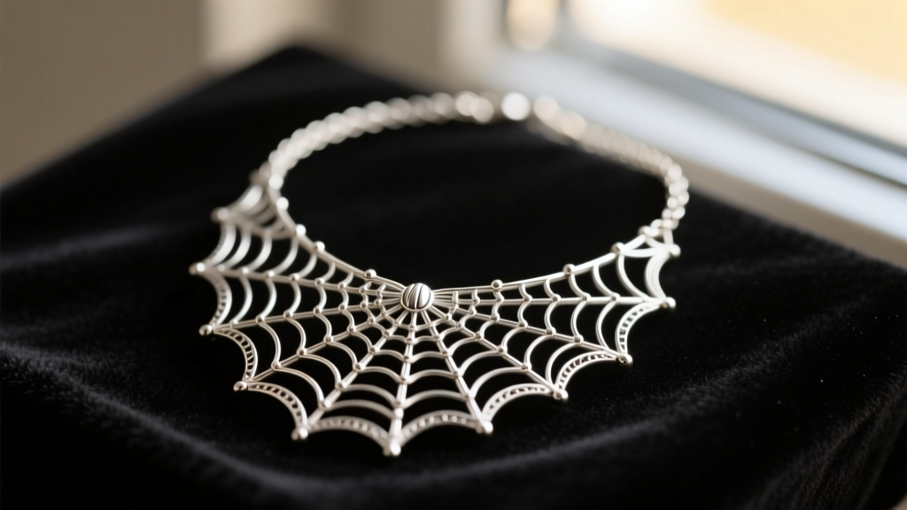 Macro shot of a sterling silver spider web necklace on dark velvet, highlighting delicate filigree wirework and oxidized details.