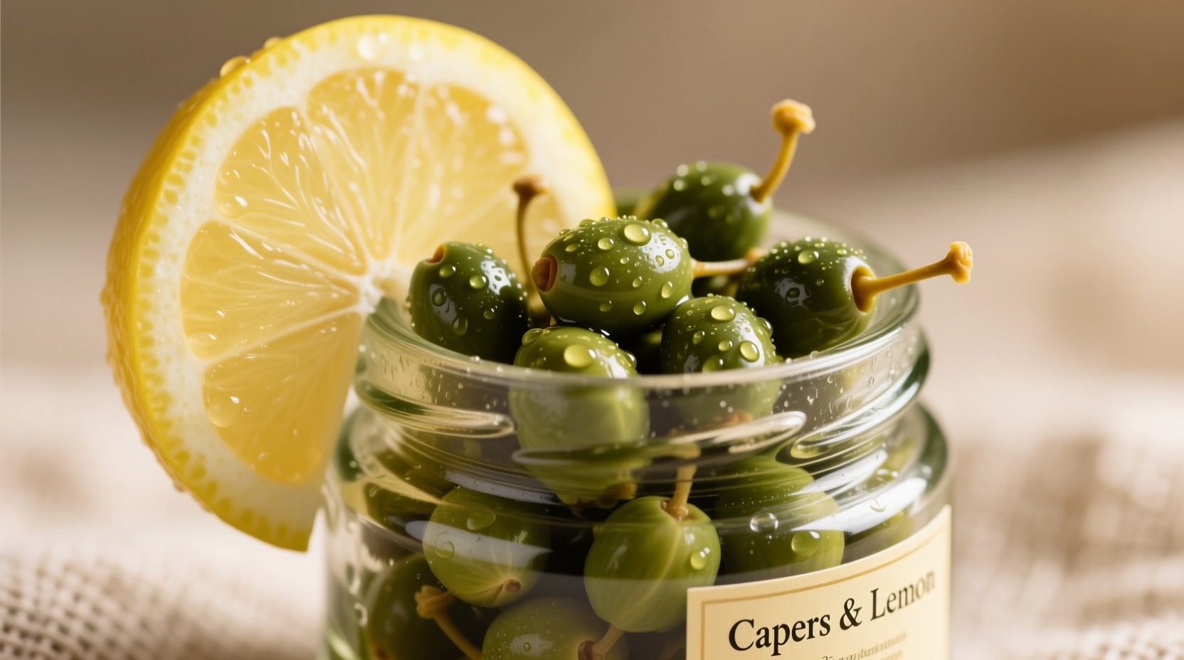 Close-up of capers in glass jar with lemon wedge