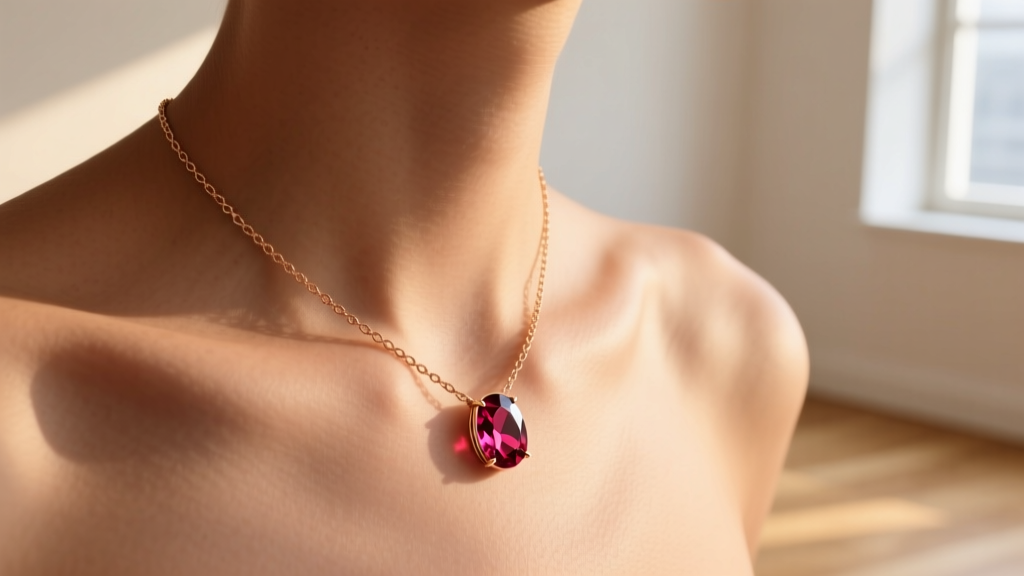 Close-up of a collarbone wearing an 18k rose gold chain necklace with a bezel-set oval rhodolite garnet catching warm sunlight.