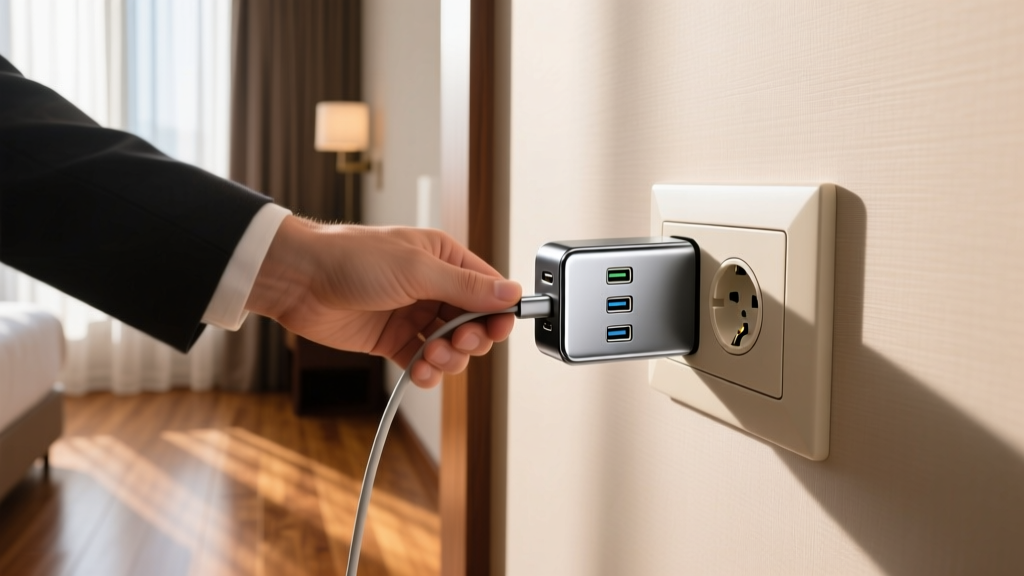 Traveler plugging a universal travel adapter with multiple USB-C ports into a European style two-pin wall outlet in a hotel
