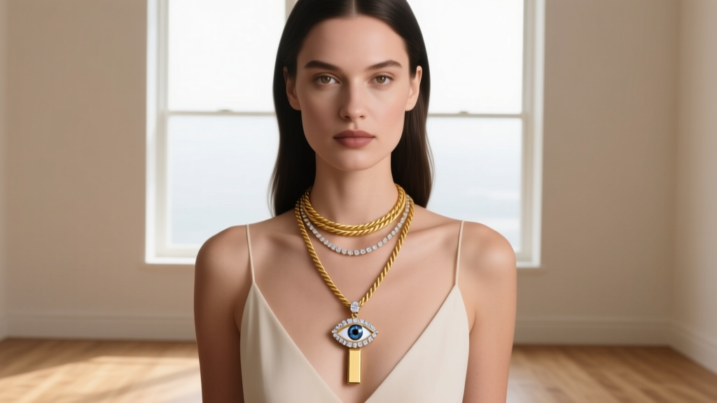 Woman wearing a layered diamond evil eye necklace, a 16-inch rope chain, and a gold bar pendant under soft natural light.