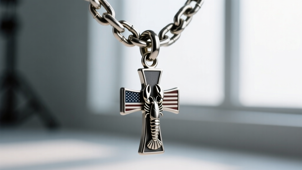 Thick 2.0mm steel box chain on a heavy American flag cross pendant, focusing closely on the secure lobster clasp and jump ring