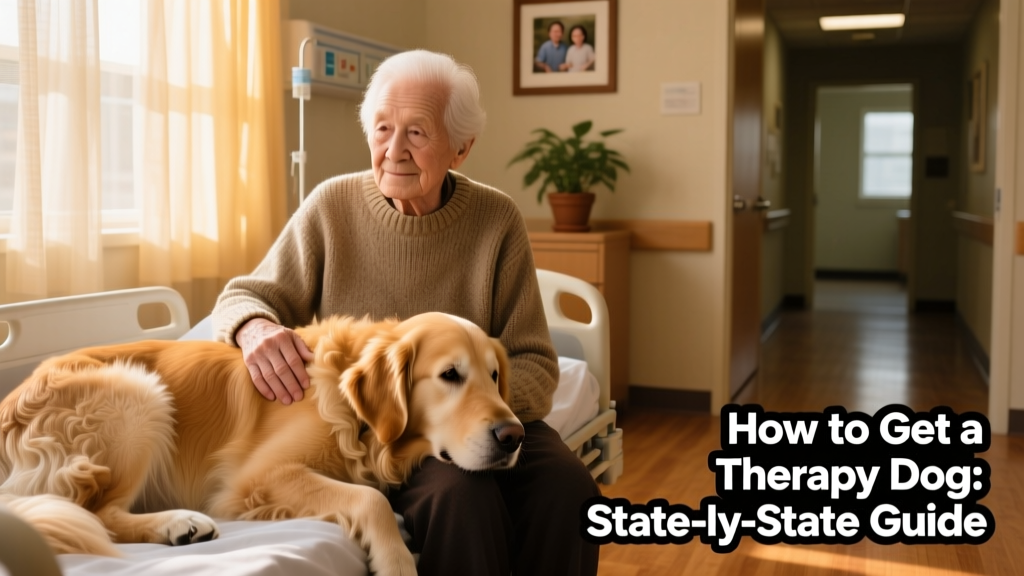 A calm, well-groomed dog gently resting its head on the lap of an elderly person in a sunlit hospital room