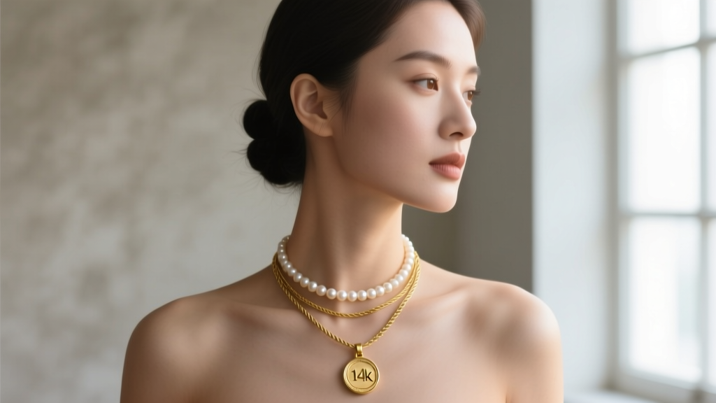 Woman wearing a layered stack with a 14k gold medal pendant, a simple pearl choker, and a delicate 18-inch gold cable chain.