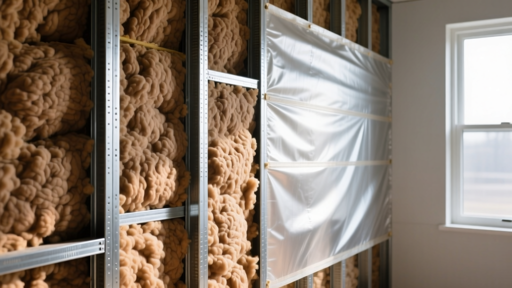 Cross-section of a steel stud wall cavity filled with dense-pack cellulose insulation, showing a smart vapor retarder membrane protecting the galvanized metal framing from moisture