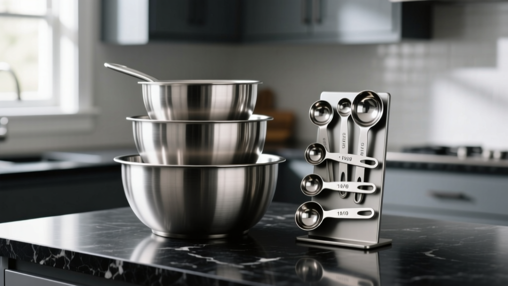 Brushed stainless steel mixing bowls stacked next to a magnetic set of 18/8 measuring spoons on a dark granite kitchen countertop
