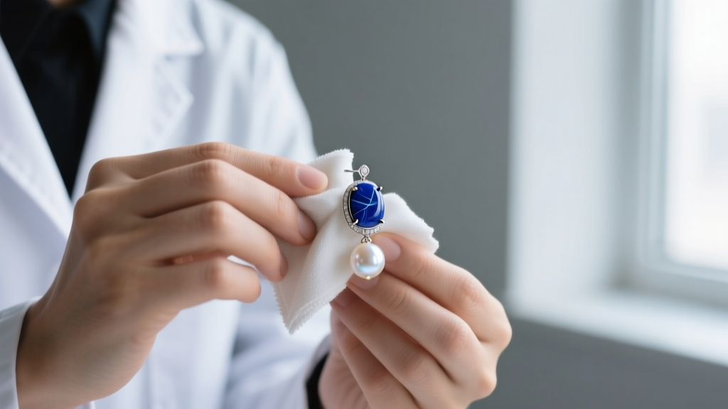 Gemologist wiping a lapis lazuli and pearl earring with a damp microfiber cloth, avoiding harsh ultrasonic cleaning baths.