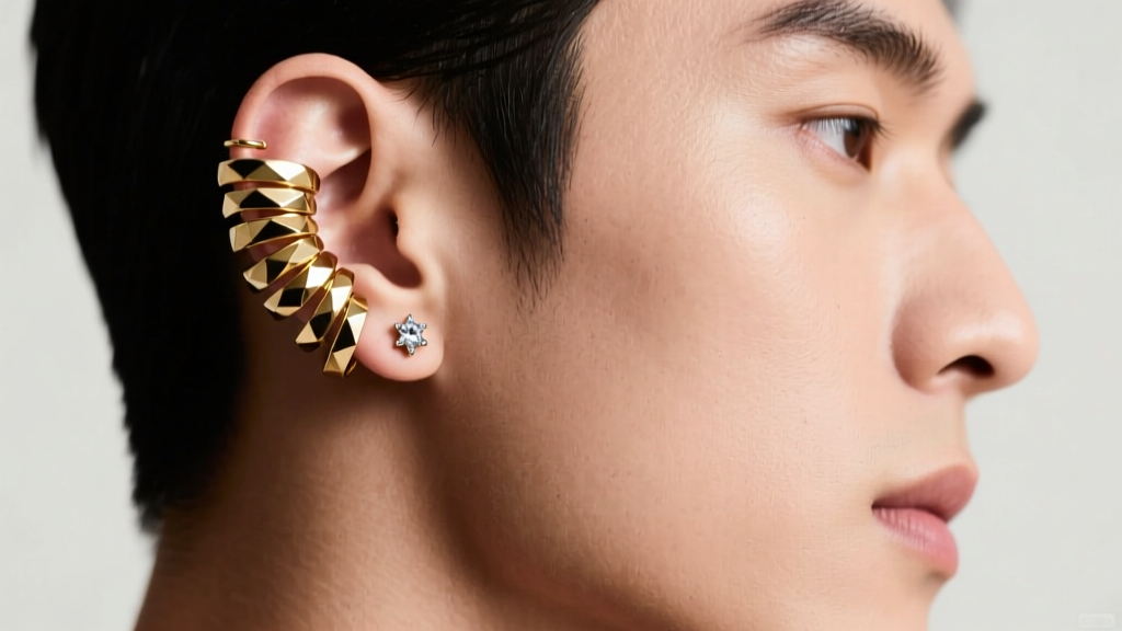 Side profile of a male ear featuring a curated stack of 16-gauge gold cartilage cuffs and a small diamond-accented lobe stud