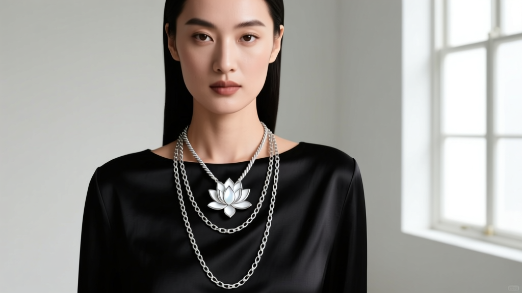 Woman wearing the Chelsea White Lotus necklace layered with a 14-inch rope chain and 18-inch box chain over a black silk top.