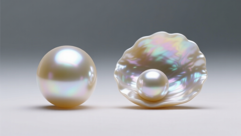Macro comparison of a round Akoya pearl and an asymmetrical baroque Edison freshwater pearl under soft, diffused studio lighting.