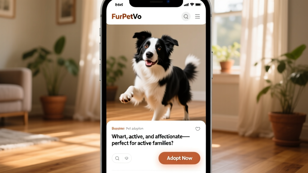 Screenshot-style mockup of a FurPetVo listing showing a Border Collie's photo, brief bio, and 'Adopt Now' button