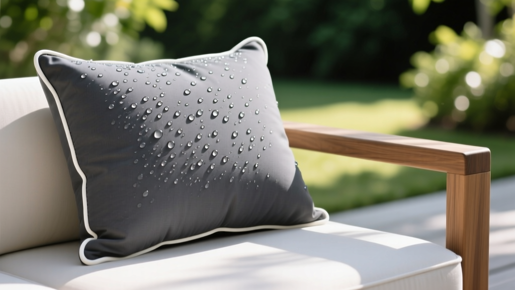 Close-up of water beading on a charcoal grey solution-dyed acrylic patio cushion with marine-grade vinyl piping on a teak outdoor sofa