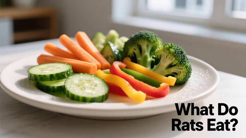 Colorful assortment of safe rat vegetables arranged on a clean ceramic plate: cucumber slices, carrot sticks, bell pepper strips, and broccoli florets