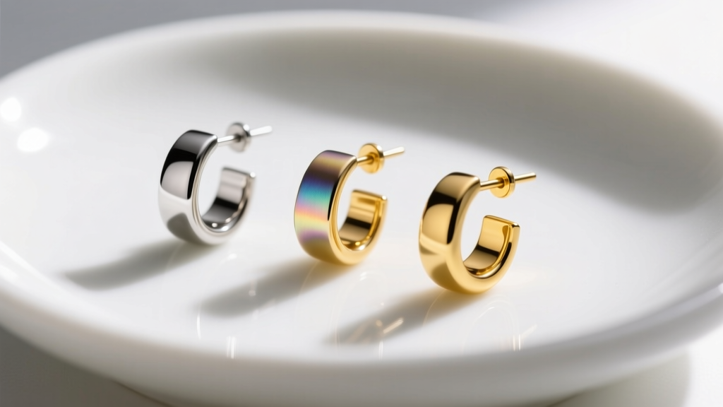 Macro shot of polished ear wires made from titanium, niobium, and 18k yellow gold resting side-by-side on a white ceramic dish.