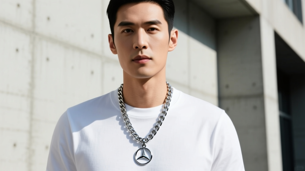 Man wearing a 20-inch stainless steel curb chain with a small Mercedes pendant over a white t-shirt, shot in natural daylight.