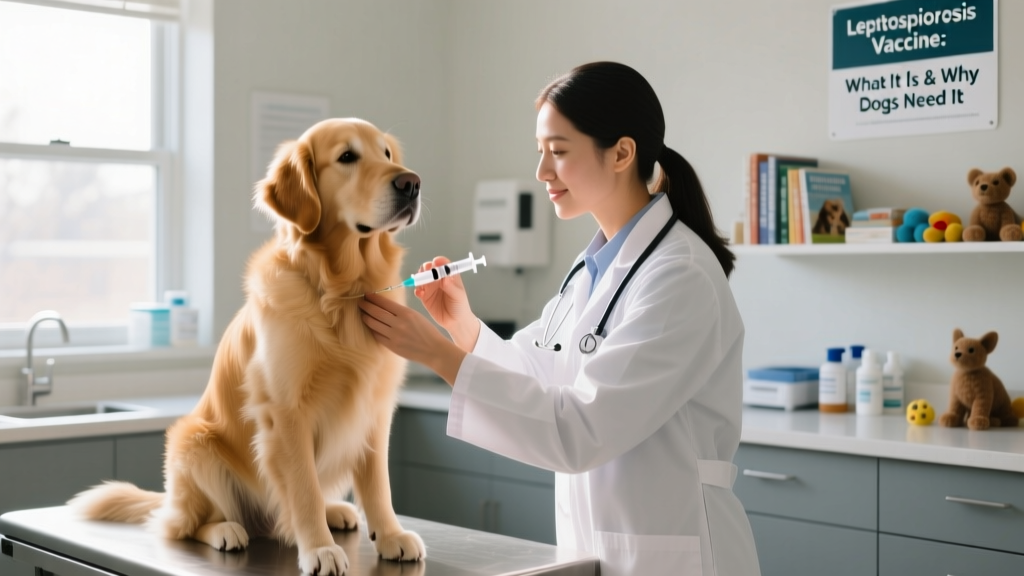A veterinarian gently administering a vaccine to a calm, seated dog in a clinic exam room