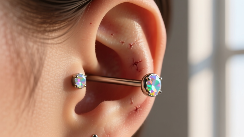 Close-up of a healing surface tragus piercing featuring a 14-gauge titanium surface barbell with opal gem ends on warm skin.
