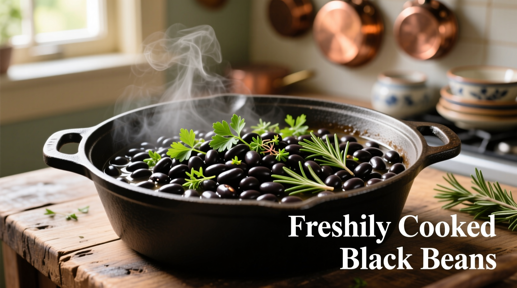 Freshly cooked black beans in a pot with herbs