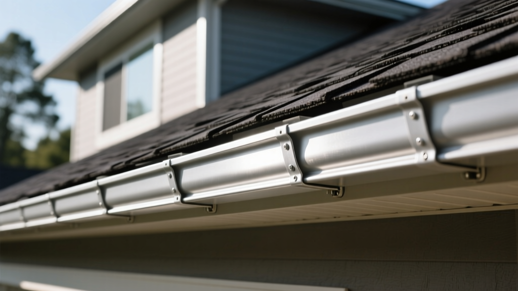 Close-up of a seamless aluminum LeafGuard gutter system being installed along a dark asphalt shingle roof edge on a two-story residential home
