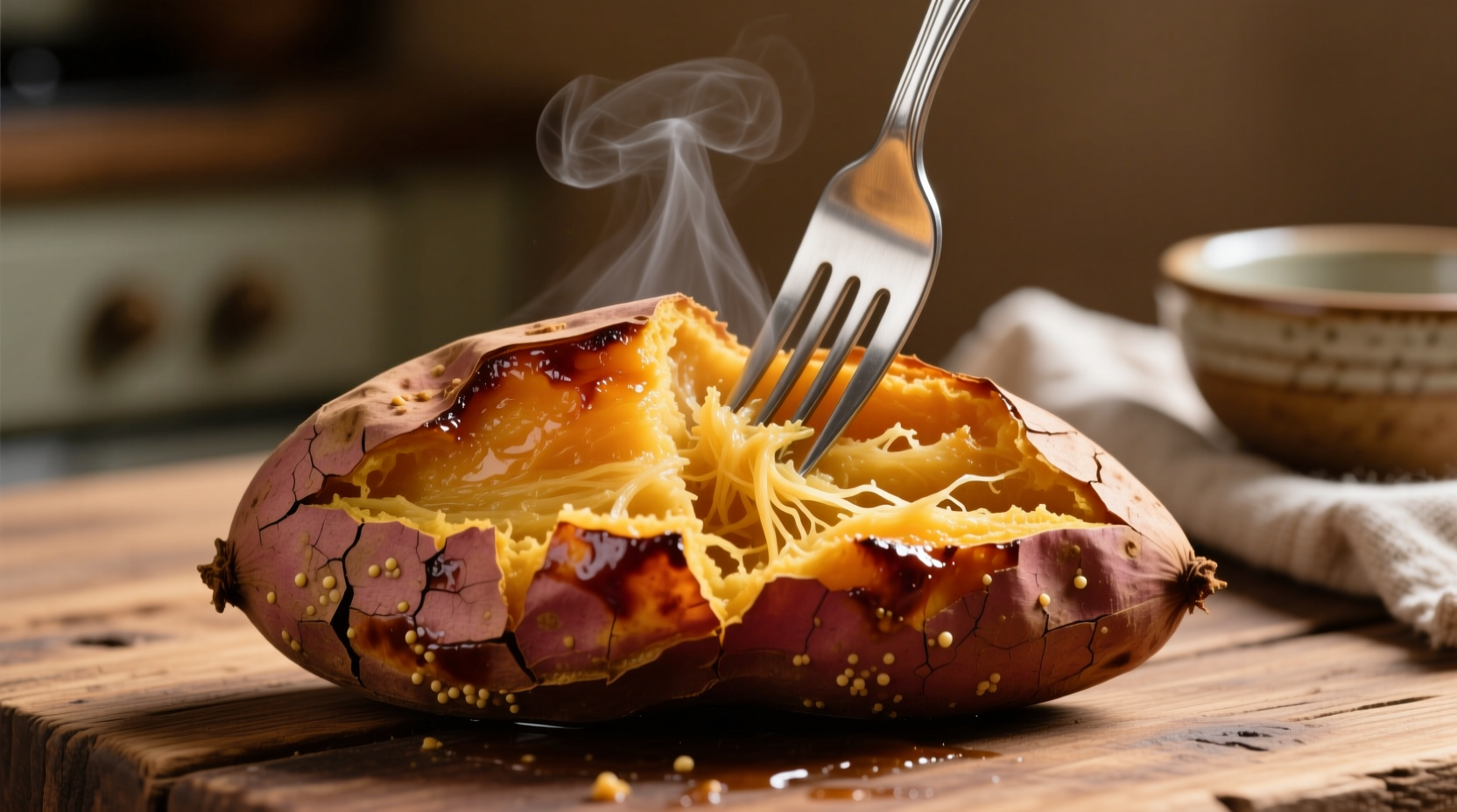 Perfectly baked sweet potato with fork showing tender texture