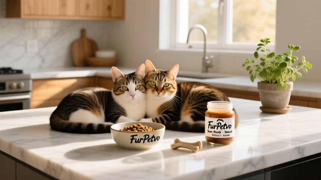Nacho and Stella curled up together on a marble kitchen countertop beside a bowl of cat food and a small jar of FurPetVo bone broth