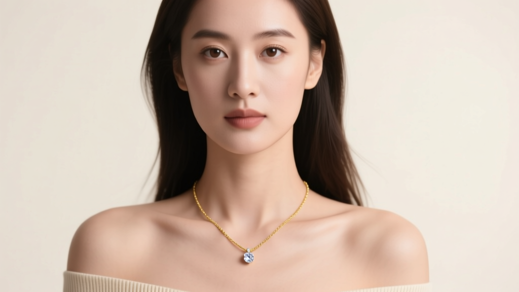 Woman wearing an 18 inches gold necklace with a small diamond pendant resting on the collarbone, soft studio lighting, front view
