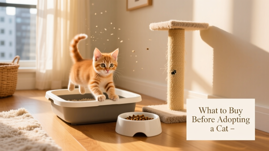 A playful kitten interacting with a low-entry litter box, shallow food bowl, and sisal scratching post in a sunlit corner of a home