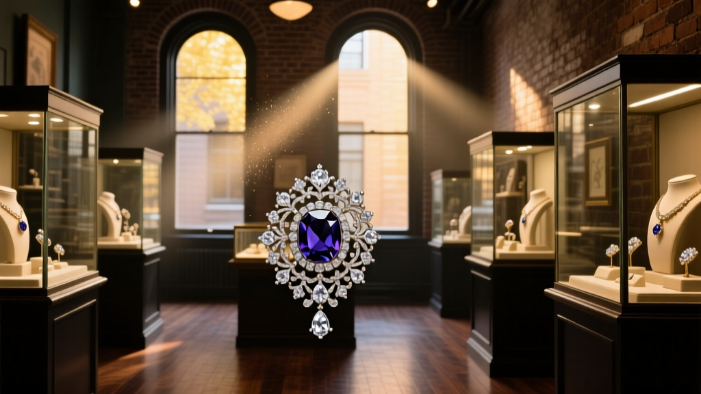 Dimly lit New York City antique jewelry boutique interior with glass display cases showcasing intricate Victorian diamond brooches.