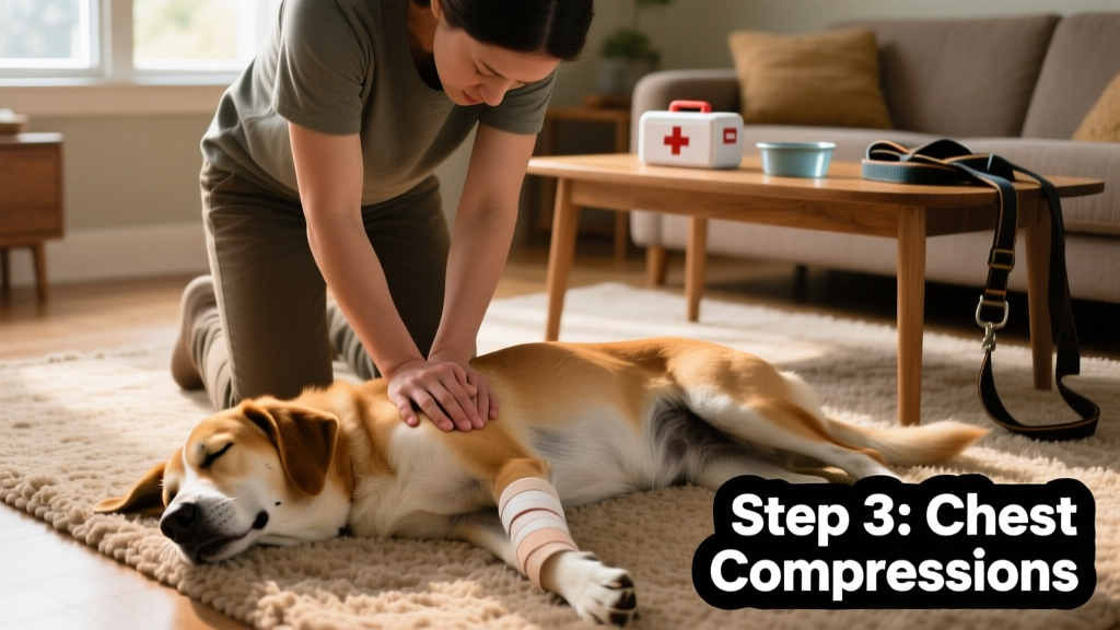 A calm, focused person performing chest compressions on a medium-sized dog lying on its side