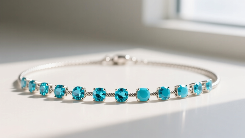 Close-up of a sterling silver turquoise station necklace with vibrant blue stones spaced along a delicate polished cable chain.