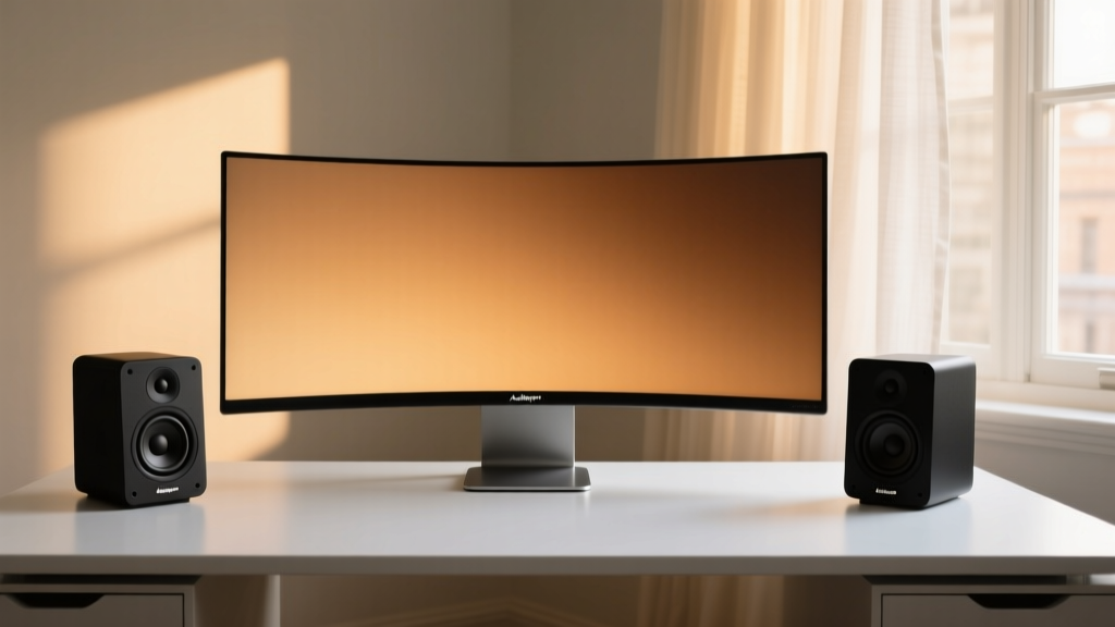 Minimalist desk setup with matte black Audioengine A2+ wireless speakers flanking an ultrawide curved monitor under warm amber bias lighting