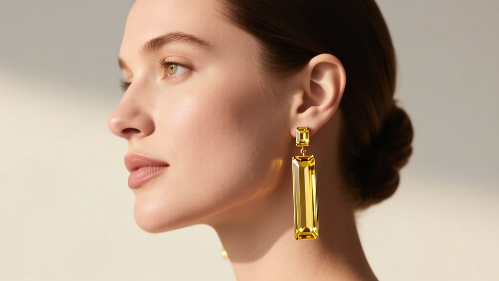 Side profile of a woman wearing long Hatley baguette drop earrings in yellow gold, showing elongated gems on a round face