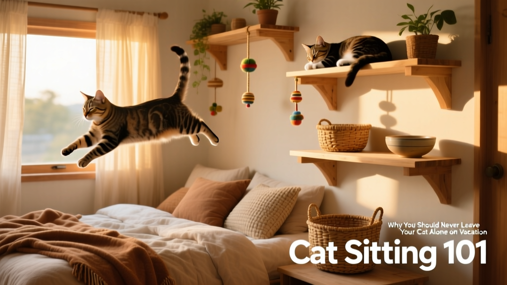 A cozy, cage-free cat boarding suite with soft bedding and climbing shelves