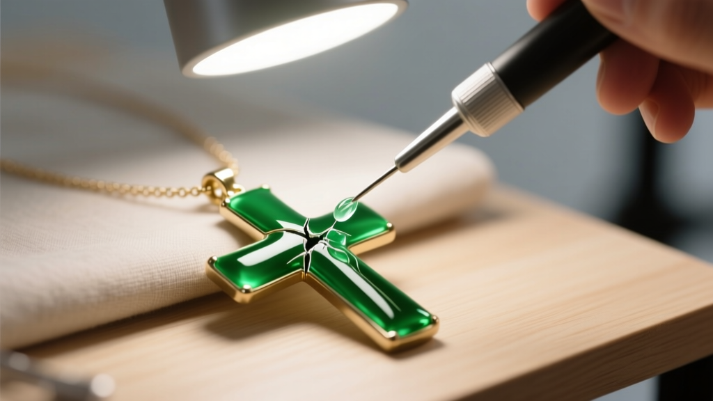 A green enamel cross necklace being repaired with a fine applicator, applying clear epoxy under a bright magnifying lamp.