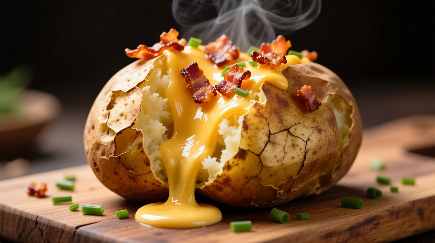Freshly baked loaded potato with melted cheese and bacon