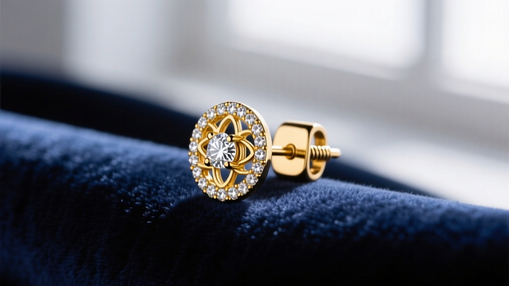 Macro close-up of an 18k gold diamond stud earring featuring a La Pousette safety back clutch resting on dark navy velvet fabric