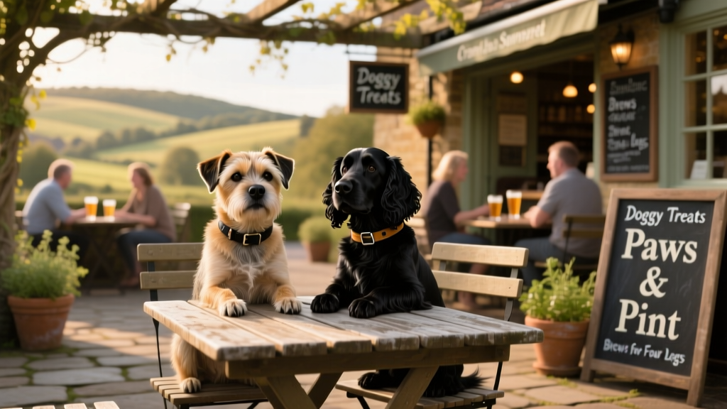 Two dogs—a Border Terrier and a black Spaniel—sitting calmly at an outdoor table in a relaxed, dog-friendly pub