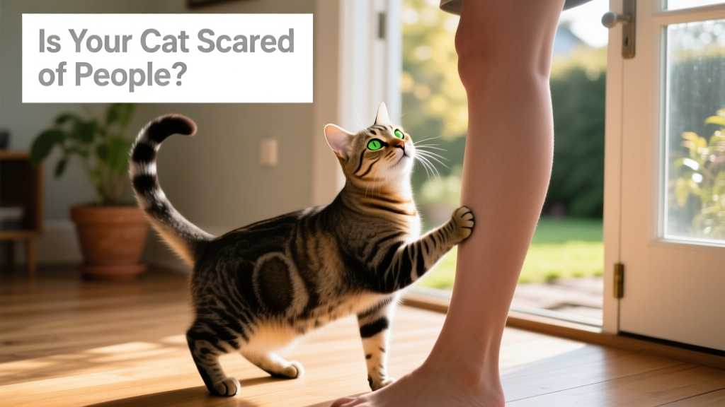 A confident cat rubbing against a visitor’s leg while looking up contentedly, tail held high