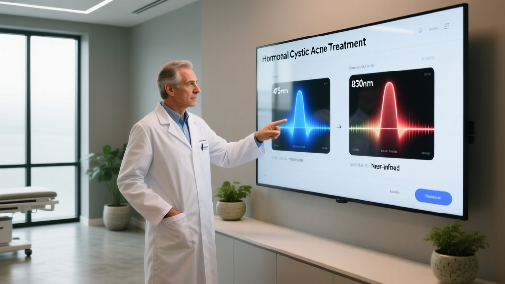 Dermatologist pointing at a digital chart showing 415nm blue light and 830nm near-infrared wavelengths for treating hormonal cystic acne.
