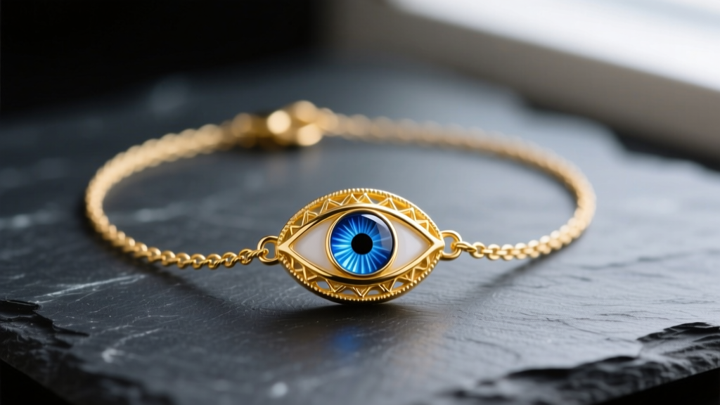 Solid 14k yellow gold evil eye protection necklace on dark slate, highlighting the blue glass center and delicate cable chain