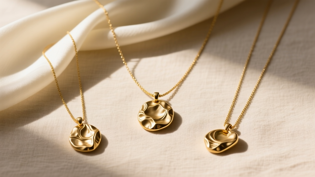 Flat lay of three necklace lengths with organic wrinkled gold pendants on beige linen, styled elegantly with a silk scarf.