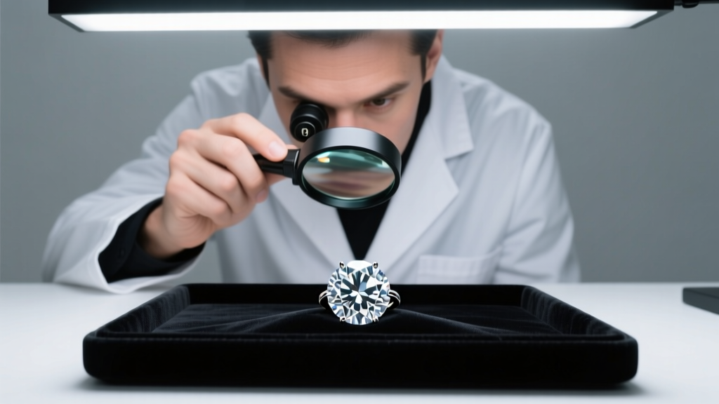 A jeweler using a 10x loupe to inspect a brilliant round lab made diamond jewelry engagement ring under bright LED desk lighting.