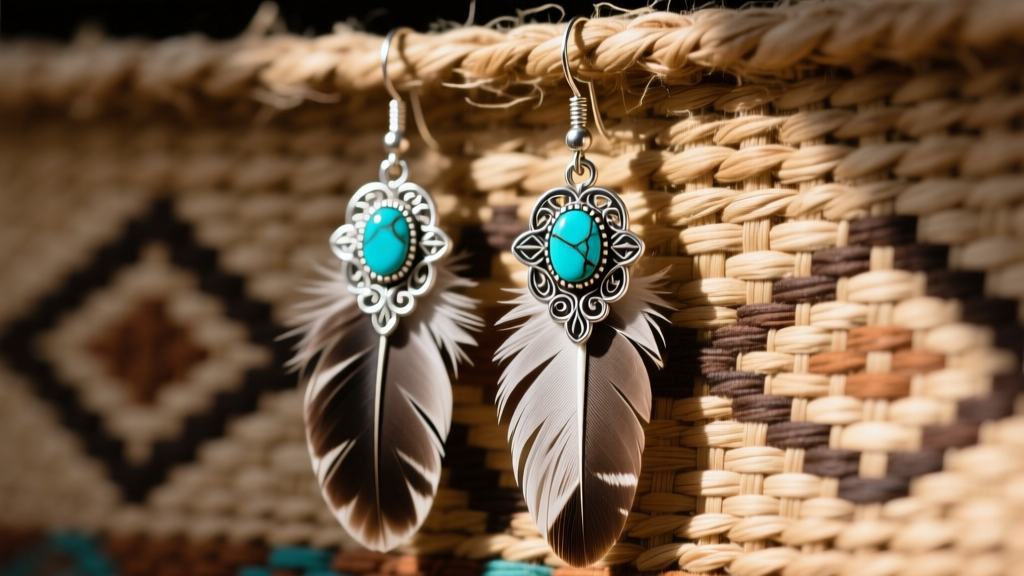 Close-up of authentic Native American Indian feather earrings with sterling silver and turquoise on a woven textile.