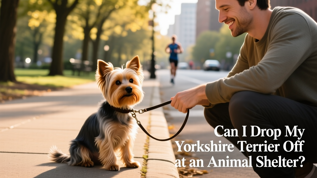 A friendly Yorkshire Terrier sitting calmly beside a person holding a leash
