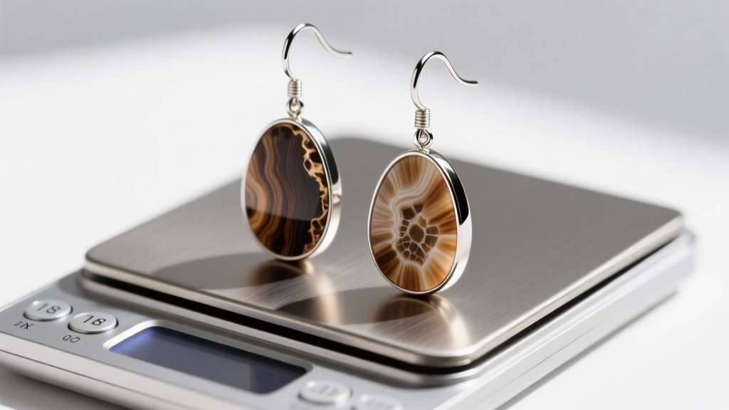Close-up of heavy petrified wood drop earrings on a digital jewelry scale, highlighting thick 18-gauge sterling silver ear wires