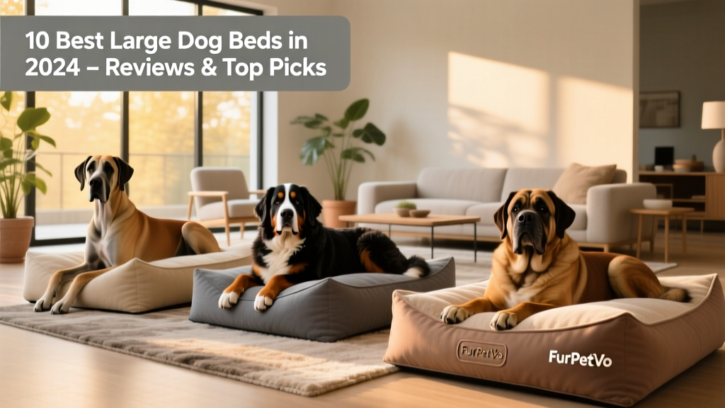 Three large dogs—a Great Dane, a Bernese Mountain Dog, and a Mastiff—each resting on different FurPetVo large dog beds in a sunlit living room