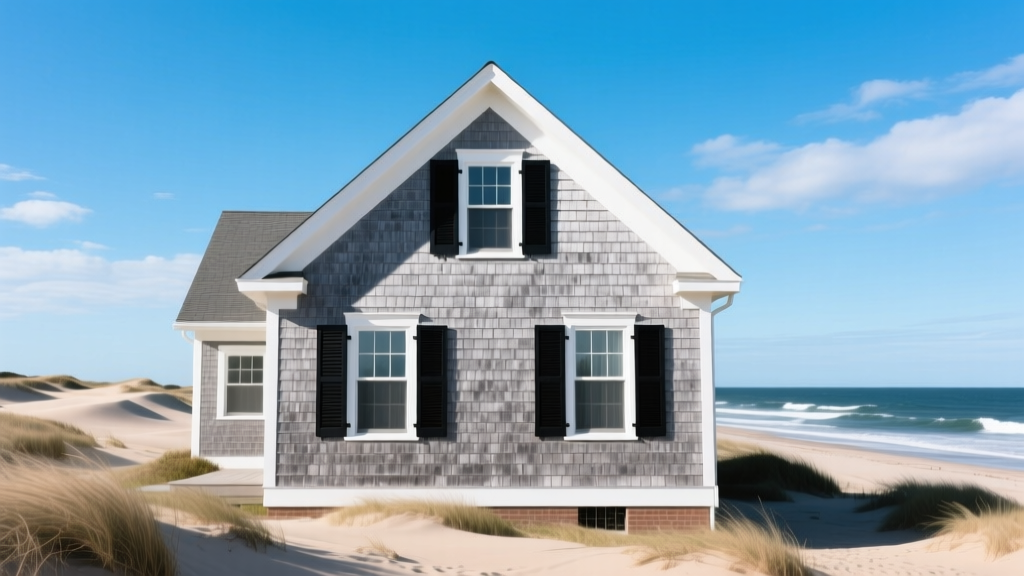 Weathered gray fiber cement shingle siding on a classic Nantucket coastal cottage with white trim and black shutters under a bright sky