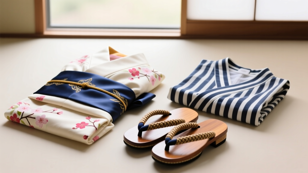 Flat lay of a folded patterned yukata with a silk hanhaba obi and wooden geta sandals displayed next to a casual two-piece striped jinbei set.