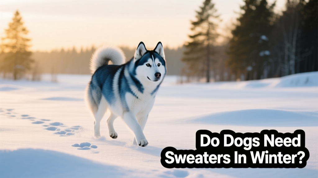 A Siberian Husky comfortably walking in snow without a coat